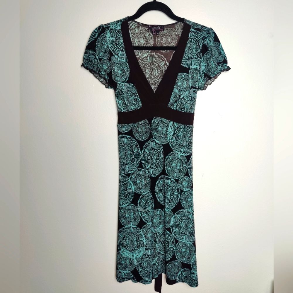 Vintage Y2K My Michelle Empire Waist Midi Dress, Brown/Teal Graphic Print, Sz M